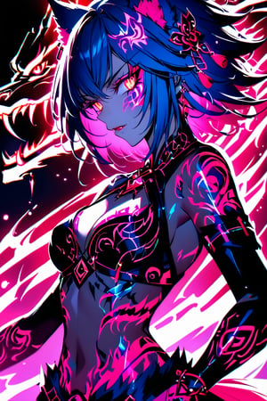 a medium shot of a seductres beast woman, with wolf ears and a ferocius gaze, with neon tattoes