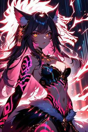 a medium shot of a seductres beast woman, with wolf ears and a ferocius gaze, with neon tattoes