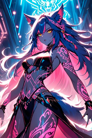 a medium shot of a seductres beast woman, with wolf ears and a ferocius gaze, with neon tattoes