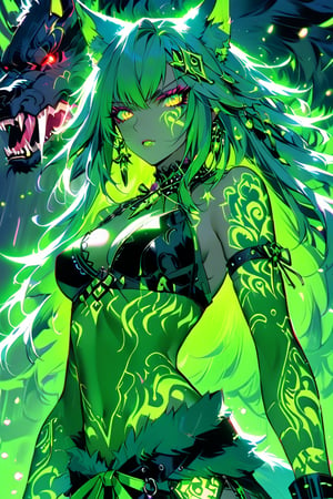 a medium shot of a seductres beast woman, with wolf ears and a ferocius gaze, with neon green tattoes