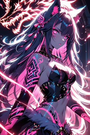 a medium shot of a seductres beast woman, with wolf ears and a ferocius gaze, with neon tattoes