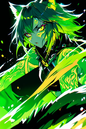 a medium shot of a seductres beast woman, with wolf ears and a ferocius gaze, with neon green tattoes