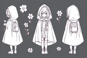 Character sheet of a cute girl with short hair a cape and a backpack, with a white flower in her hand
