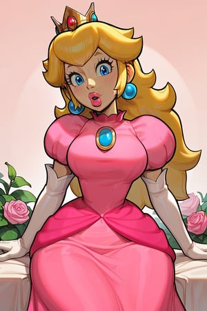 score_9, score_8_up, score_7_up, Masterpiece, saturated, Best quality, hyper detailed, high detail, portrait, cinematic lighting, ray tracing, composition, highly detailed, absurdres, perfectly drawn face, perfectly drawn eyes, huge breasts, thick hips, thin waist, thick thighs, woman, princess peach, blonde hair, earrings, pink dress, princess dress, 2d, pink lipstick, blue eyes, puffy lips, 