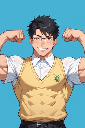 ,,,,Tatsuo,1man,black hair,short hair,glasses,collared shirt,sweater vest,pants, muscular, very muscular, flexing huge biceps, bara, grin, smug, sexy daddy, at home, upper body part, ghibli style,score_9,score_8_up,score_7_up,score_6_up,score_5_up,score_4_up,source_anime