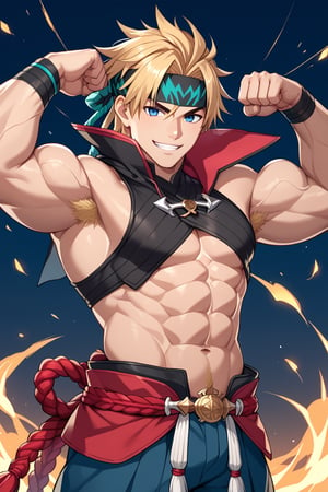 score_9,score_8_up,score_7_up,score_6_up,score_5_up,score_4_up,source_anime,Fate Grand Order,Kintoki,Berserker,blonde,blue eyes,tall,muscular,abs,male,masculine,alternate costume,bara...smug, smile, flexing biceps, headband, tall, cute, sexy