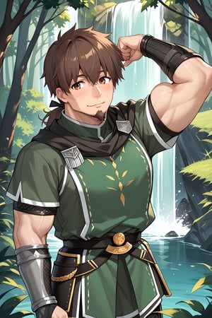 score_9,score_8_up,score_7_up,score_6_up,score_5_up,score_4_up,source_anime,FGO,Fate,Hector,lancer,brown hair,tall,cheekbones,short hair,hair between eyes,goatee,perma beard,muscular,ponytail,blue ribbon,brown eyes,facial hair,male focus,prosthetic arm, flexing biceps, armour, green clothes, massive muscls, massive pectoral muscles, blush, smile, waterfall, forest