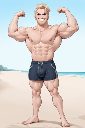 score_9,score_8_up,score_7_up,score_6_up,score_5_up,score_4_up,source_anime, Scott Lang, blonde, smirk, smug, tall, flexing both arms, muscular, abs, biceps, pectoral muscles, massive muscle,s grin, angry, beach, barefoot, huge bulge, massive bulge