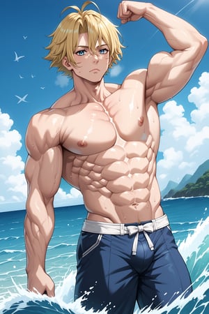 score_9,score_8_up,score_7_up,score_6_up,score_5_up,score_4_up,source_anime,Record of Ragnarok,Poseidon,blonde,short hair,blue eyes,male focus,solo,muscular,abs,bicepsm stoic, serious face, cold face, flexing, massive biceps, large pectoral muscles, quads, muscular, beautiful, handsome, hunk, stud, sea, waves, tsunami