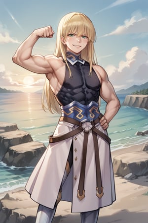 score_9,score_8_up,score_7_up,score_6_up,score_5_up,score_4_up,source_anime,Fate Grand Order,Fionn Mac Cumhaill,long blonde hair,deep green eyes,tall,muscular,armor, smile, smirk, flexing arm,s nature, cliff, sea, sunset