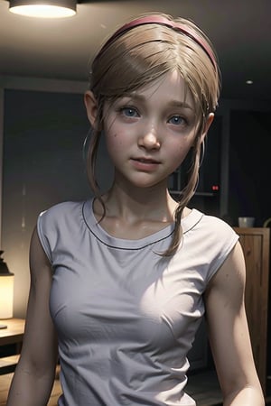 sherry birkin, from resident evil 2 remake, smile, looking at viewer, female child, white shirt, short, small bust, performing housework, indoors, well lit house