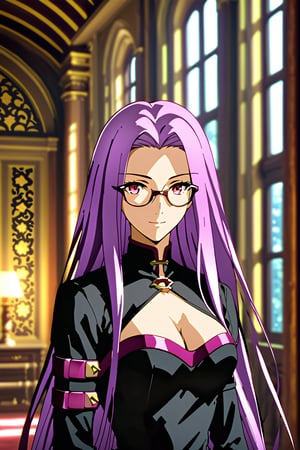 portrait, smile, looking at viewer, beautiful dress , indoors, well lit environment, royalty, fate (series),purple hair,MedusaFS, cleavage, medium breasts,MEDUSA RIDER, pink eyes, LONG HAIR, PURPLE HAIR,VERY LONG HAIR, glasses