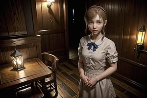 sherry birkin, from resident evil 2 remake, looking at viewer, female child, short,  standing, small bust, indoors, inside medieval tavern, restaurant, wearing maid headdress, full body