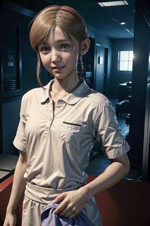 portrait, sherry birkin, resident evil 2 remake, smile, looking at viewer, female child, white shirt, performing housework, indoors, well lit house