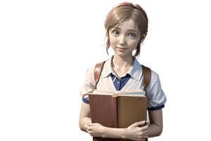 sherry birkin, from resident evil 2 remake, smile, looking at viewer, female child, white shirt, short, small bust, studying, indoors, well lit library, holding book