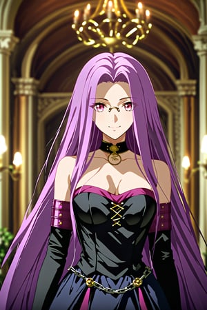 portrait to waist level, smile, looking at viewer, victorian style, ball gown dress , indoors, well lit environment, royalty, fate (series), purple hair,MedusaFS, cleavage, medium breasts,MEDUSA RIDER, pink eyes, LONG HAIR, PURPLE HAIR, VERY LONG HAIR, monocle on chain, sleeveless_dress,