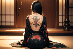 A back of a female Yakuza hostess, sitting down on the floor, back exposed, tatoo at her back, facing back, looking at the viewer, She wears a black vibrant kimono which drops at the floor, holding a fancy long smoking Matchpipe Churchwarden, yakuza vibe, indoors, exotic oriental dojo, essence of the Yakuza's aesthetic, beautiful tattoo,