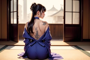 A back of a female Yakuza hostess, sitting down on the floor, back exposed, vibrant tatoo at her back, facing back, looking directly at the viewer, She wears a dark purple kimono which drops at the floor, holding a long smoking pipe, yakuza vibe, indoors, exotic oriental dojo, looking out to open door, essence of the Yakuza's aesthetic, long shot framing, small breast, 1girl