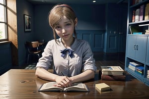 sherry birkin, from resident evil 2 remake, smile, looking at viewer, female child, white shirt, short, small bust, studying, indoors, well lit library, holding book