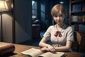 sherry birkin, from resident evil 2 remake, smile, looking at viewer, female child, white shirt, short, small bust, studying, indoors, well lit library, holding book