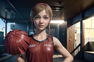 sherry birkin, from resident evil 2 remake, smile, looking at viewer, female child, cheerleading outfit, short, small bust, performing cheerleading, outdoors, cheerleader,