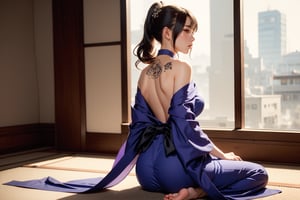 A back of a female Yakuza hostess, sitting down on the floor, back exposed, yakuza tatoo at her top back, facing back, looking directly at the viewer, She wears a dark purple kimono which drops at the floor, holding a long smoking pipe, yakuza vibe, indoors, exotic oriental dojo, looking out to open window essence of the Yakuza's aesthetic, long shot framing