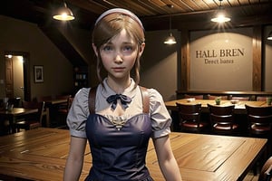 sherry birkin, from resident evil 2 remake, looking at viewer, female child, short, small bust, indoors, faminine pose, inside medieval tavern filled with several tables and chairs, half filled beers on tables, restaurant, standing while holding homemade dish on hand, wearing maid headdress, french maid, full body