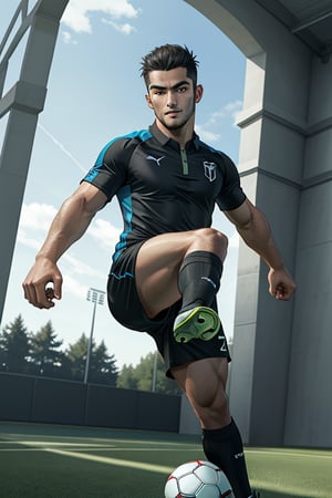 A dynamic image of Huy, a 25-year-old man with a sharp jawline and clean-shaven face, featuring almond-shaped brown eyes and short, neatly trimmed black hair. His well-defined eyebrows and calm yet confident expression are evident. Huy is dressed in a sports outfit: matching black shorts and modern, sleek soccer cleats, showcasing his athletic physique. He is captured mid-kick, with one leg extended and his body leaning forward, kicking a soccer ball and exuding dynamic energy. The scene is set against a soccer field backdrop, with the ball's design subtly reflected in the environment, enhancing the sporty atmosphere.