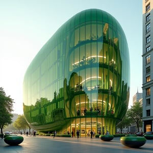 Under the afternoon sun, the watermelon building stands out against the urban skyline. Its green glass exterior is now fully transparent, revealing the bustling offices within. Electrochromic windows tint automatically to manage solar gain, creating a dynamic pattern across the curved surface. A mid-level sky garden, shaped like a half-moon melon slice, offers a refreshing break space for employees. The building's innovative rainwater collection system, integrated into the dome's design, becomes visible as collected water trickles down designated channels, mimicking juice running down a real watermelon. At street level, a public plaza features watermelon-seed-shaped benches made of polished black granite