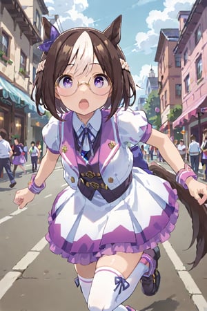 score_9,score_8_up,score_7_up,source_anime,detailed eyes,detailed face,high resolution,running,top quality face,top quality skin,(top quality eyes:1.5),round_eyewear,SPECIAL WEEK,HORSE EARS, HORSE TAIL,PURPLE EYES,HAIR BOW, SHORT HAIR,CROWN BRAID, BROWN HAIR,TWO-TONE HAIR,MULTICOLORED HAIR,WHITE OPEN JACKET,VEST,SKIRT, WHITE THIGHHIGHS,PUFFY SLEEVES,1girl