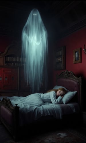 A transparent ghost hovers ethereally above a slumbering girl on a grand, ornate gothic bed, surrounded by the eerie ambiance of a dimly lit room with crimson-hued walls. The air is thick with the scent of old books and mystery as the ghost's translucent form casts an otherworldly glow.,ABMhauntedVibe