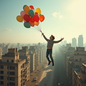 boy flying happily holding a bunch of balloons, the background is an aerial view of the ruins of a dystopian city on a sunny afternoon