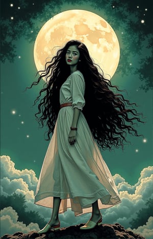 girl, very long curly black hair, walking across, looking at the viewer, cold gaze. Epic fantasy. green, cream, and blue paint colors large full moon and clouds in the background, npl, detailed ink blot/dot art illustration,anselma