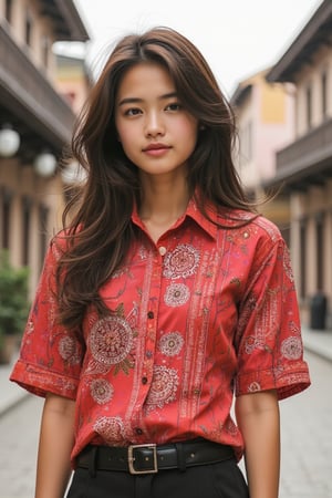 Create an image of an asian girl wearing a vibrant batik shirt, standing confidently in a colonial style building. The batik shirt should have an intricate pattern with a mix of traditional motifs like flowers, leaves, or geometric shapes, in bold colors like red, white, or bright pink. The person should be depicted as stylish and modern, effortlessly blending traditional heritage with contemporary fashion. The background should feature a cityscape of old town ith colonial era architecture and hints of cultural elements, symbolizing the fusion of tradition and modernity. The overall vibe should be fashionable, confident, and culturally rich