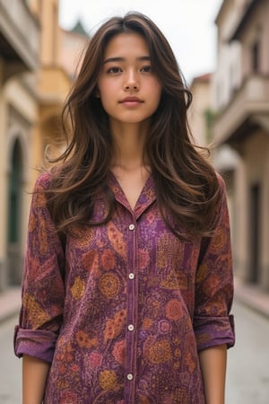 Create an image of an asian girl wearing a vibrant batik shirt, standing confidently in a colonial style building. The batik shirt should have an intricate pattern with a mix of traditional motifs like flowers, leaves, or geometric shapes, in bold colors like bright purple, earthy browns, or bright pink. The person should be depicted as stylish and modern, effortlessly blending traditional heritage with contemporary fashion. The background should feature a cityscape of old town ith colonial era architecture and hints of cultural elements, symbolizing the fusion of tradition and modernity. The overall vibe should be fashionable, confident, and culturally rich