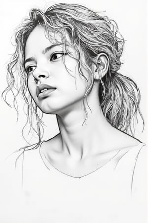 sketch, 1girl, npl, slim,portrait, lips parted, wet and long curly hair, side view