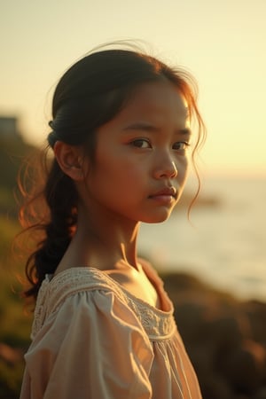 In a warm, golden light reminiscent of early cinema, a 14-year-old girl with fair skin and a small, petite frame is posed against the rustic backdrop of a Jepara coastline in 1901. Her slightly slanted eyes sparkle as she gazes out to sea, her mediocre nose barely noticeable amidst the gentle curves of her youthful features. The soft focus and subtle film grain evoke a sense of nostalgia, as if captured by a Lumière brothers' camera.