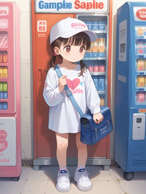 score_9, score_8_up, score_7_up,source_anime,
indoors,brown hair,no pupils,holding,white hat,clothes writing,vending machine,twintails,gashapon,brown eyes,nostrils,closed mouth,heart print,capsule,white footwear,sneakers,low twintails,bag,short sleeves,toy,shirt,white shirt,socks,hat,looking ahead,holding toy,solo,standing,long hair,hand up,shoes,heart,ankle socks,blue bag,1girl,highres,shoulder bag,baseball cap,long shirt,t-shirt,print headwear