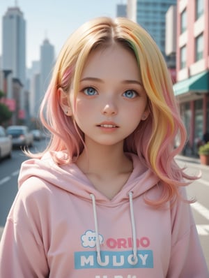 score_9, score_8_up, score_7_up,
1girl, solo, multicolored hair, hood, parted lips, hoodie, looking at viewer, colorful, hood down, blurry, pink hair, outdoors, blurry background,blue eyes, pink hoodie, long hair, blonde hair, upper body, city, teeth, nose, drawstring, cityscape, sky, watermark, piercing, rainbow hair, artist name, long sleeves,