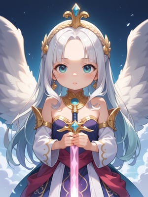 score_9, score_8_up, score_7_up,source_anime,
oppai loli, 
 cinematic, very beautiful girl, The archangel is depicted in his divine form a majestic, serene figure with a radiant aura. Her face is calm and compassionate,She is adorned with a shining halo and resplendent golden armor that reflects his celestial origins. Her wings are large, white, and feathery, spreading out behind him in a display of divine grace. She wields a glowing, celestial sword, sexy outfit,