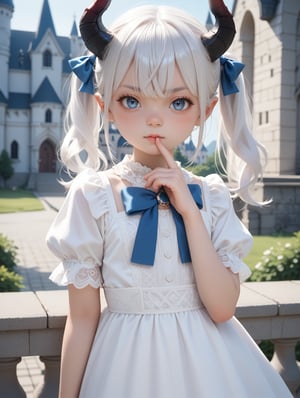 score_9, score_8_up, score_7_up,
 1girl,solo,loli,
 demon, white hair, crossed bangs, blue eyes, pale skin, two ponytails with blue bows, horns, white dress,partially illuminated, long eyelashes, hand up, castle,