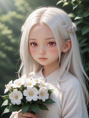 A young girl with striking features and vibrant red eyes, donning a set of anime-inspired animal ears and a bouquet of white flowers in her long hair. Her complexion glows with a gentle blush as she gazes into the distance. Framed against a serene backdrop, soft lighting accentuates the intricate details on her face, with a subtle layer of white hair framing her forehead, creating an ethereal atmosphere,score_9, score_8_up, score_7_up,