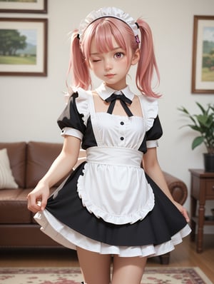 score_9, score_8_up, score_7_up,
 solo,cute girl,pink hair, twintails, maid headdress, maid, skirt,standing, one eye closed,cowboy shot, living room,