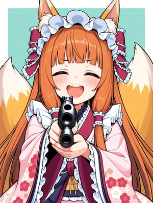 
1girl, solo, one hand holding a shotgun,aiming at viewer, 
(lips:0.9), maho normal, maho (princess connect!), animal ears, animal ear fluff, bangs, fox ears, frills, green eyes, kimono, long hair, fox girl, frilled hairband, blush, blunt bangs, hairband, pink kimono, wide sleeves, frilled sleeves, sidelocks, long sleeves, brown hair, fox tail, floral print, very long hair, bow, hair tubes, dress, light brown hair, pink dress, obi, sash, frilled ribbon, lolita_fashion, sleeves past wrists, hime cut, laughing, upper body, closed eyes, 
masterpiece, best quality, amazing quality, very aesthetic, absurdres