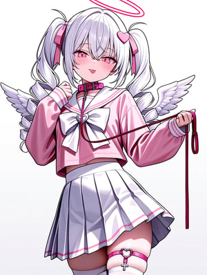 jima, 
sleeves past wrists, midriff peek, white wings, white skirt, white serafuku, long sleeves, white bow, ribbon, pink shirt, heart o-ring, simple background, looking at viewer, white theme, hair ornament, cowboy shot, pink eyes, mini wings, white bowtie, holding leash, long hair, halo, 1girl, pleated skirt, angel wings, thigh strap, drill hair, hair between eyes, white thighhighs, school uniform, white hair, tongue out, white background, twintails, cross, pink collar, white sailor collar
masterpiece,best quality,amazing quality,very aesthetic,absurdres,newest,