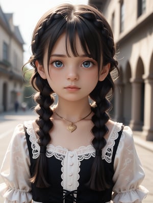 score_9, score_8_up, score_7_up,
 1girl,solo,loli,
 gothic architecture background, (very long hair), big hair, braided twintails hairstyle, thick braids, bangs, ornate attire, front view, dark, mysterious, haunting, victorian dress with black feathers, detailed lace, accurate lacing, dappled lighting, symmetrical composition, ultra-detailed, black feathers adorn her outfit, her necklace has a pony pendant in gold. cinematic light, dramatic light, shallow depth of field, vignette, highly detailed, high budget, bokeh, cinemascope, film grain, grainy