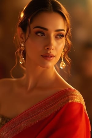 A stunning Japanese woman wearing a vibrant red sari, her beauty accentuated by the rich fabric. The scene is framed in a close-up shot, capturing her elegant pose and serene expression. Soft, warm lighting highlights her features, creating a harmonious composition. The background is subtly blurred, focusing attention on her graceful presence.