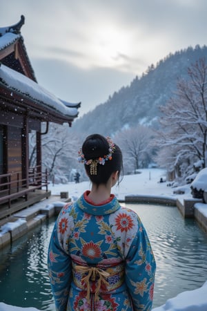 A 25-year-old Japanese woman stands gracefully in front of a traditional onsen (hot spring) surrounded by a serene winter landscape. She wears a beautifully detailed kimono, featuring intricate floral patterns in shades of deep blue and white. Snowflakes gently fall from the sky, lightly covering the ground and the roof of the onsen. The woman’s black hair is neatly styled in a classic updo, adorned with delicate hairpins. The scene is tranquil, with the soft light of the sun breaking through the clouds, creating a peaceful contrast between the bright sky and the softly falling snow,Made of adrr-zllj,Midjourney_Whisper