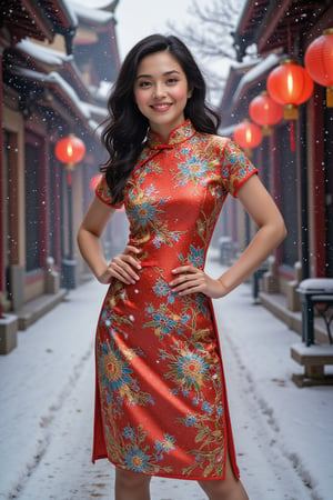 A 25-year-old woman of mixed Japanese and Chinese heritage poses confidently on a snowy street. She wears a vibrant red cheongsam with gold embroidery, the dress fitting elegantly to her form. Her black hair is styled in soft waves, cascading over her shoulders. The street is covered in a blanket of fresh snow, with traditional lanterns hanging above, casting a warm glow that contrasts with the cool, crisp air. The woman's full-body pose is poised and graceful, with a serene expression as snowflakes fall gently around her, creating a picturesque winter scene,landscape,Midjourney_Whisper,Made of adrr-zllj