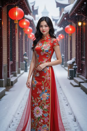 ((photorealistic)) image of a 25-year-old woman of mixed Japanese and Chinese heritage posing confidently on a ((snowy street)). She wears a ((vibrant red cheongsam with gold embroidery)), the dress fitting elegantly to her form. Her black hair is styled in soft waves, cascading over her shoulders. The street is covered in a blanket of fresh snow, with traditional lanterns hanging above, casting a warm glow that contrasts with the cool, crisp air. The woman's full-body pose is poised and graceful, with a serene expression as snowflakes fall gently around her, creating a picturesque winter scene, golden hour, rule of thirds, Made of adrr-zllj,landscape,Midjourney_Whisper